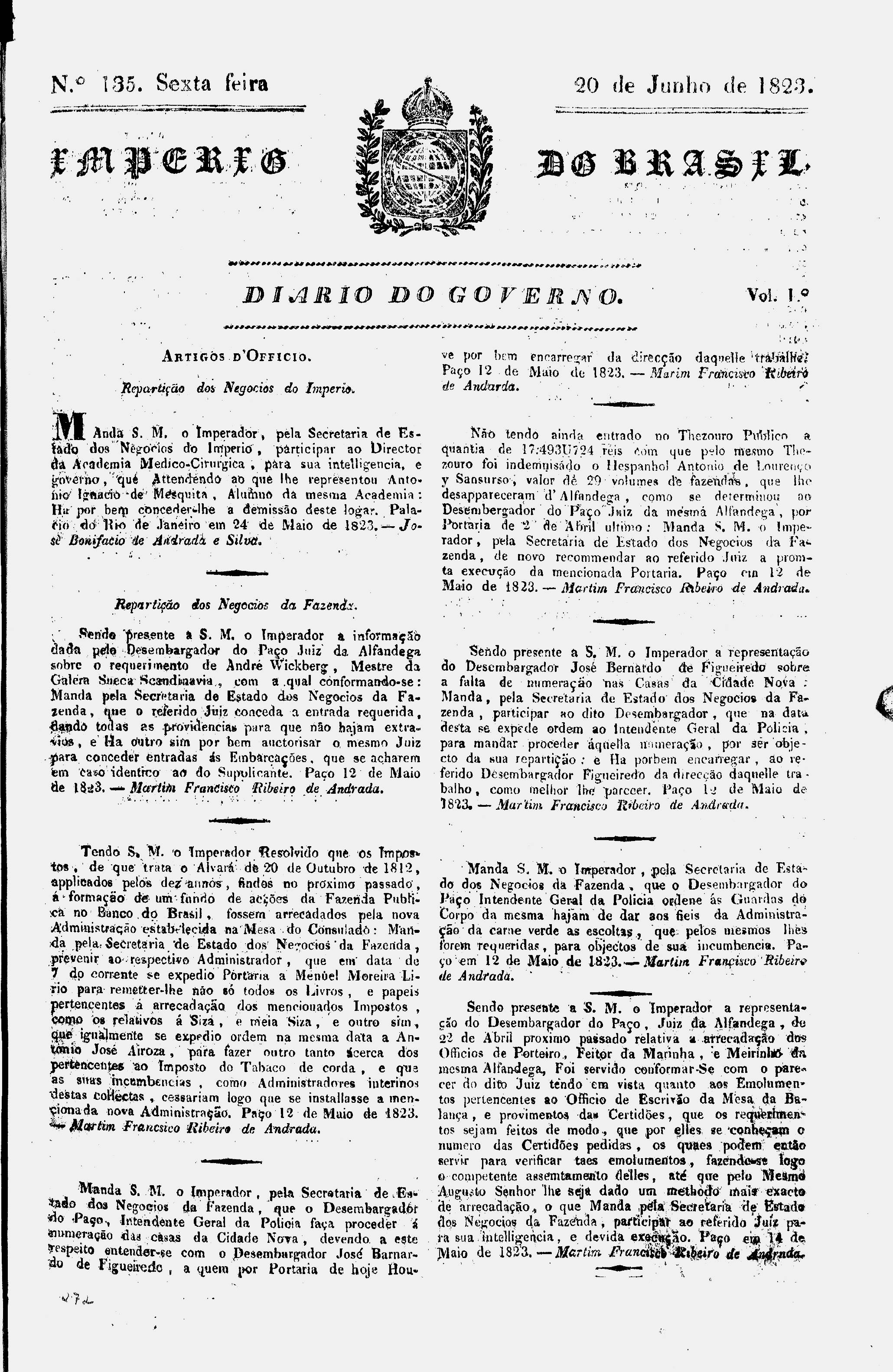 Página do Diário do Governo de 20 de junho de 1823 que menciona José Bernardo de Figueiredo